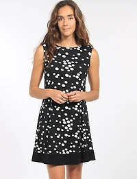 Sleeveless Polka-Dot Printed Navy A-Line Dress with Black Band Hem by Perle