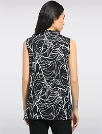 Perle Monochrome Sleeveless Abstract Print V-Neck Front Pleat Top & Side Slits