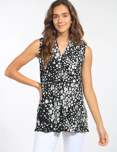 B&W Floral Sleeveless Stretch Top with Front Pleat Side Slits & V-Neck by Perle