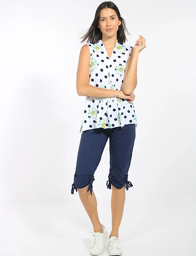 Flowy Sleeveless Top with Daisy Polka Dot Print V-Neck & Front Pleat by Perle