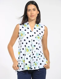 Flowy Sleeveless Top with Daisy Polka Dot Print V-Neck & Front Pleat by Perle