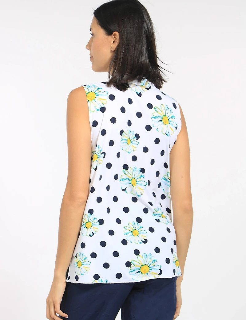 Flowy Sleeveless Top with Daisy Polka Dot Print V-Neck & Front Pleat by Perle