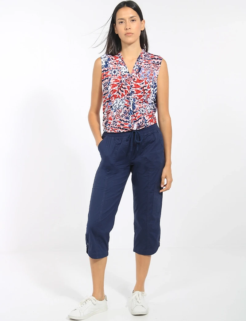 Perle Pop Print Sleeveless V-Neck Tunic Top With Front Pleat & Side Slits