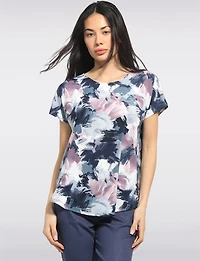 Abstract Paint Print Stretchy Knit Cap Sleeve Scoop Neck Top by Perle