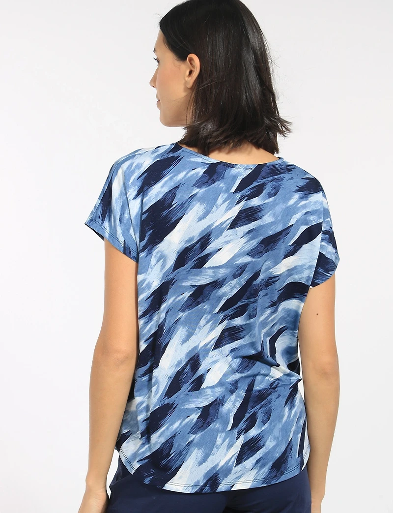 Lightweight Abstract Print Stretch Cap Sleeve Scoop Neck Tunic Top by Perle