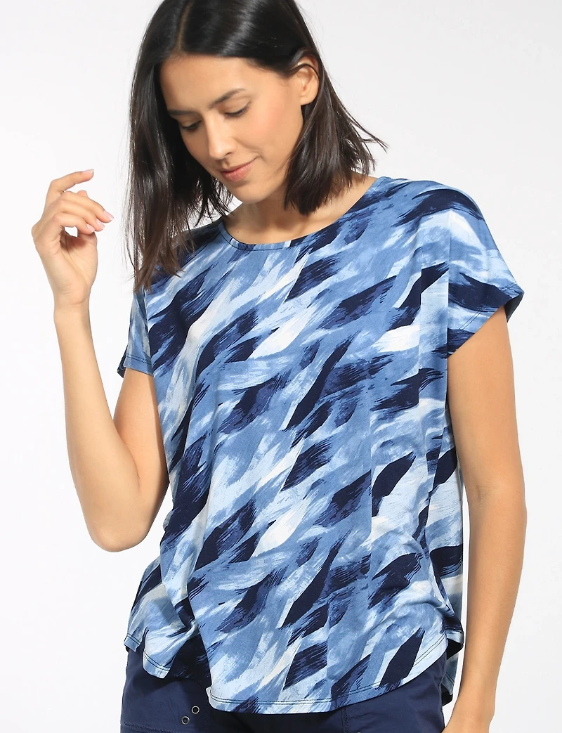Lightweight Abstract Print Stretch Cap Sleeve Scoop Neck Tunic Top by Perle