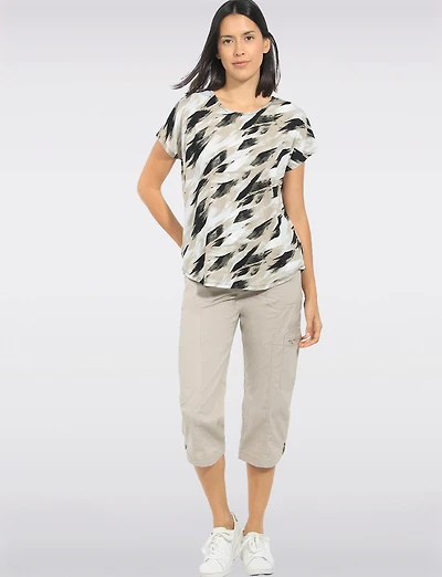 Lightweight Abstract Print Stretch Cap Sleeve Scoop Neck Tunic Top by Perle