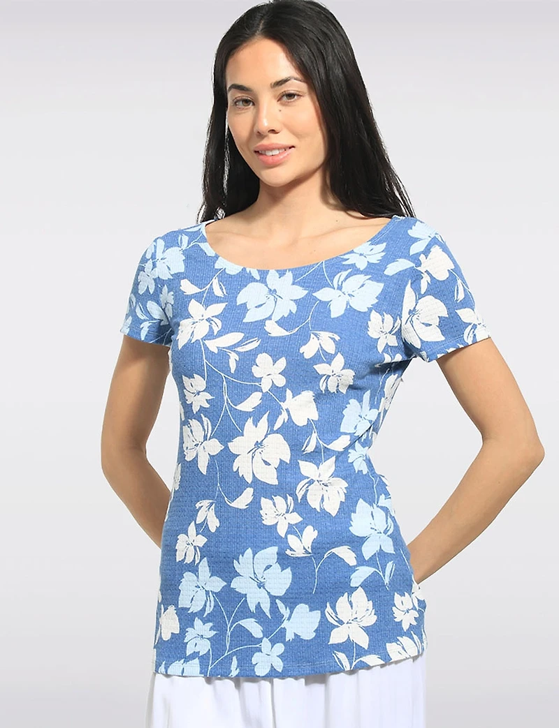 Slim Fit Short Sleeve Waffle Knit Scoop Round Neck Floral Print Top by Perle