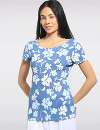 Slim Fit Short Sleeve Waffle Knit Scoop Round Neck Floral Print Top by Perle