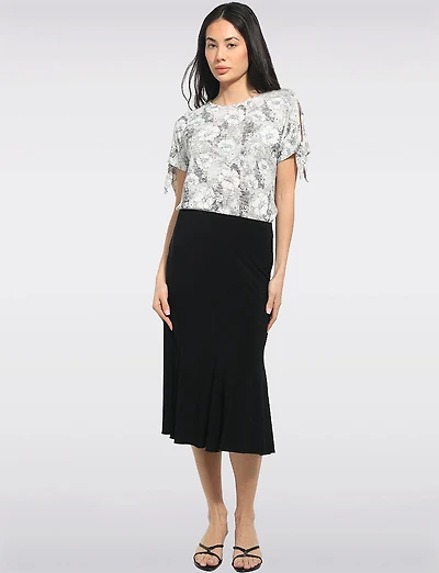 Elegant Stretchy Solid A-Line Mid-Length Elastic Waist Skirt by Perle