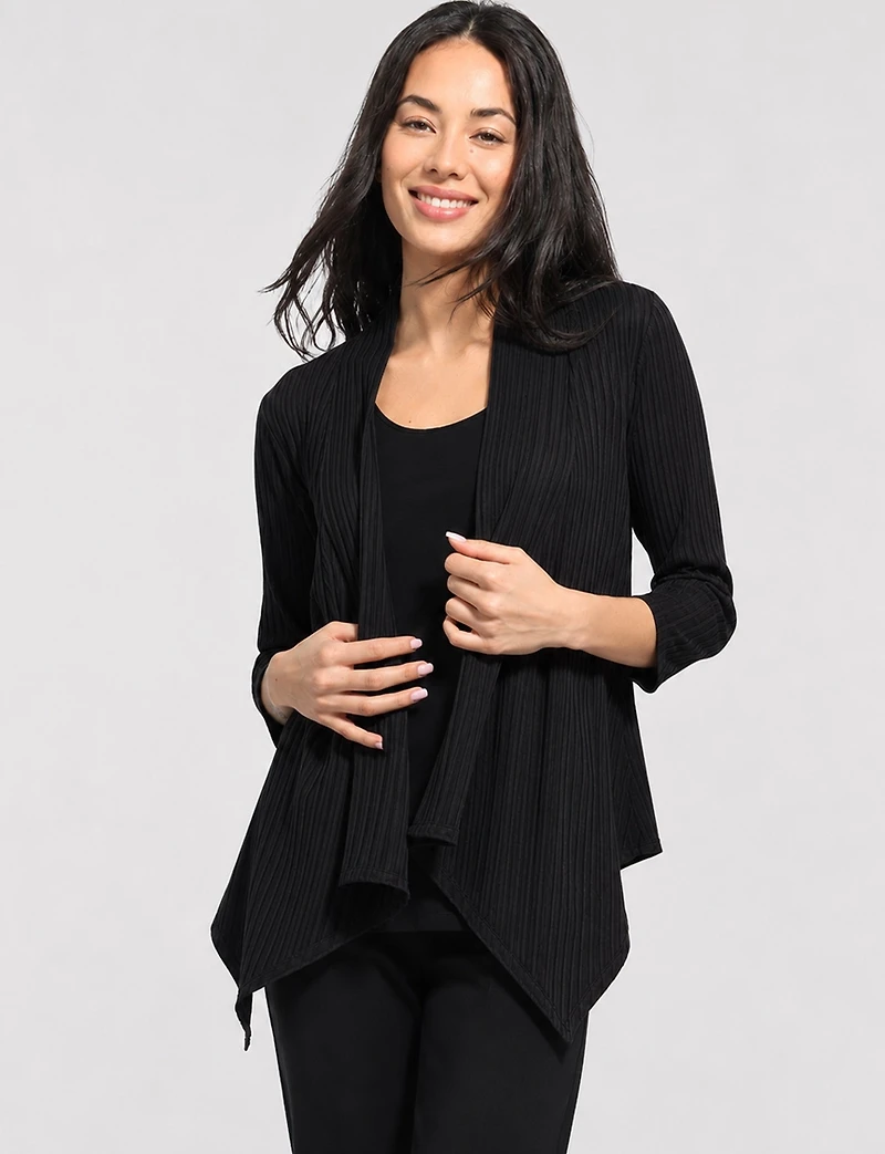 Ribbed Knit Open-Front Lightweight 3/4 Sleeve Shrug with Pointed Hem by Perle