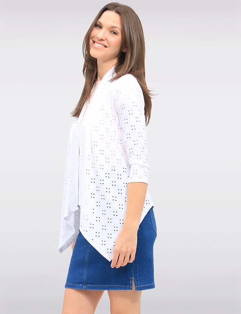 Perle Draped Open-Front Pointelle Knit Shrug - 3/4 Sleeve Cardigan White