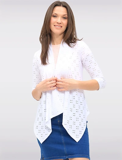 Perle Draped Open-Front Pointelle Knit Shrug - 3/4 Sleeve Cardigan White