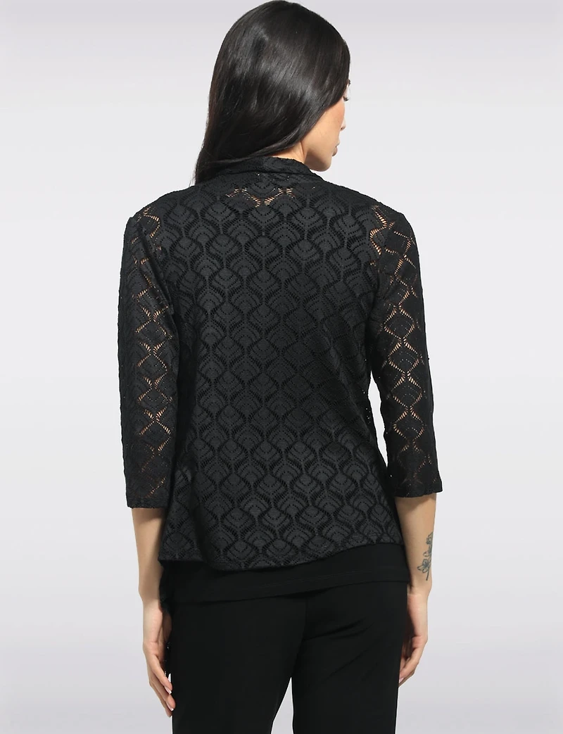 Crochet Pointelle Open-Front Lightweight 3/4 Sleeve Shrug with Pointed by Perle