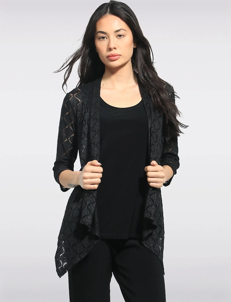 Crochet Pointelle Open-Front Lightweight 3/4 Sleeve Shrug with Pointed by Perle