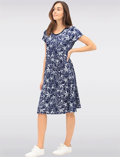 Navy Floral Printed A-Line Dress with Short Sleeves & Round Neck by Perle