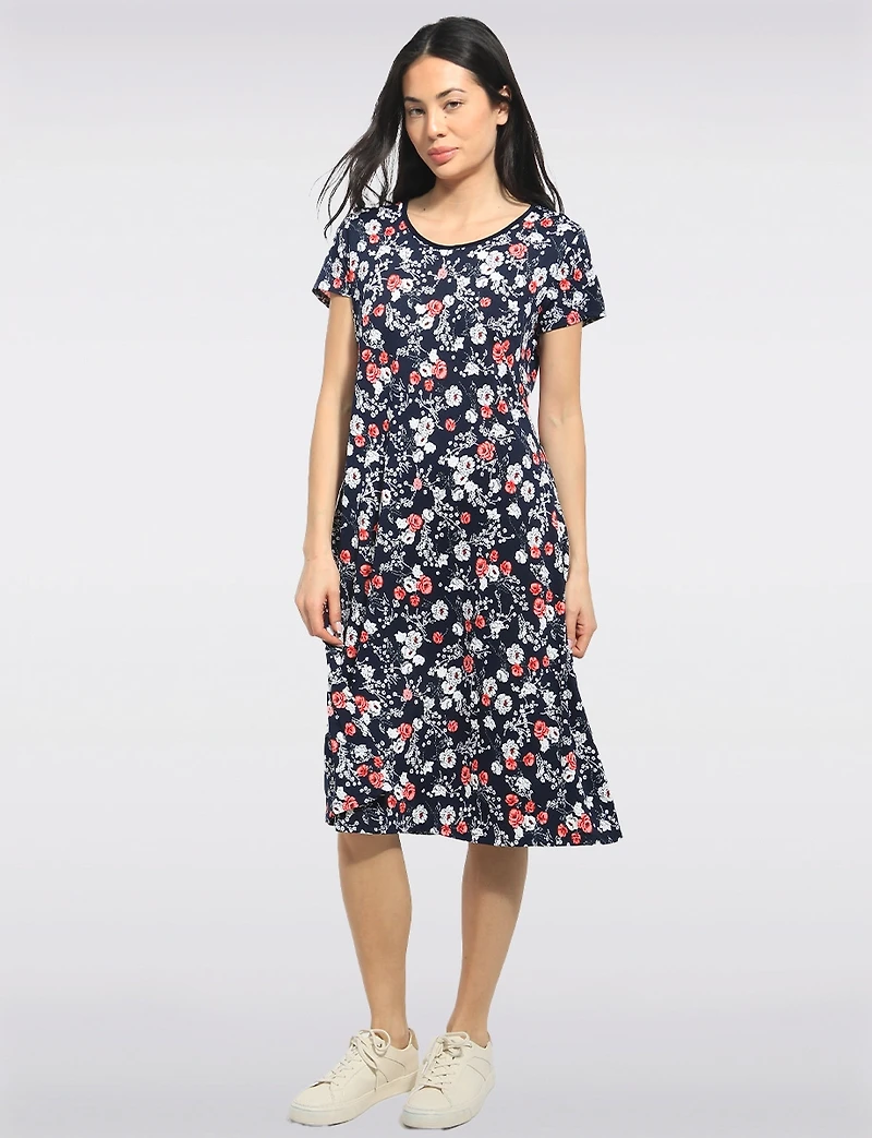 A-line Short Sleeve Floral Print Mid-length Stretchy Round Neck Dress by Perle