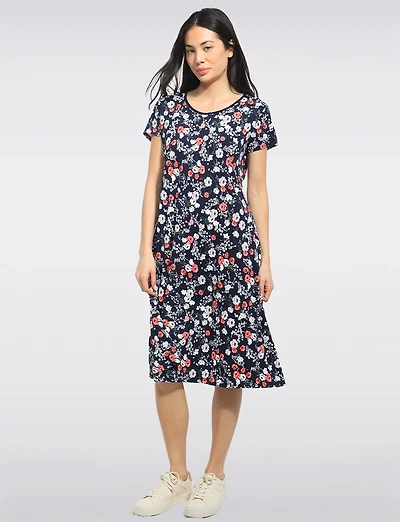 A-line Short Sleeve Floral Print Mid-length Stretchy Round Neck Dress by Perle