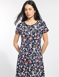 A-line Short Sleeve Floral Print Mid-length Stretchy Round Neck Dress by Perle