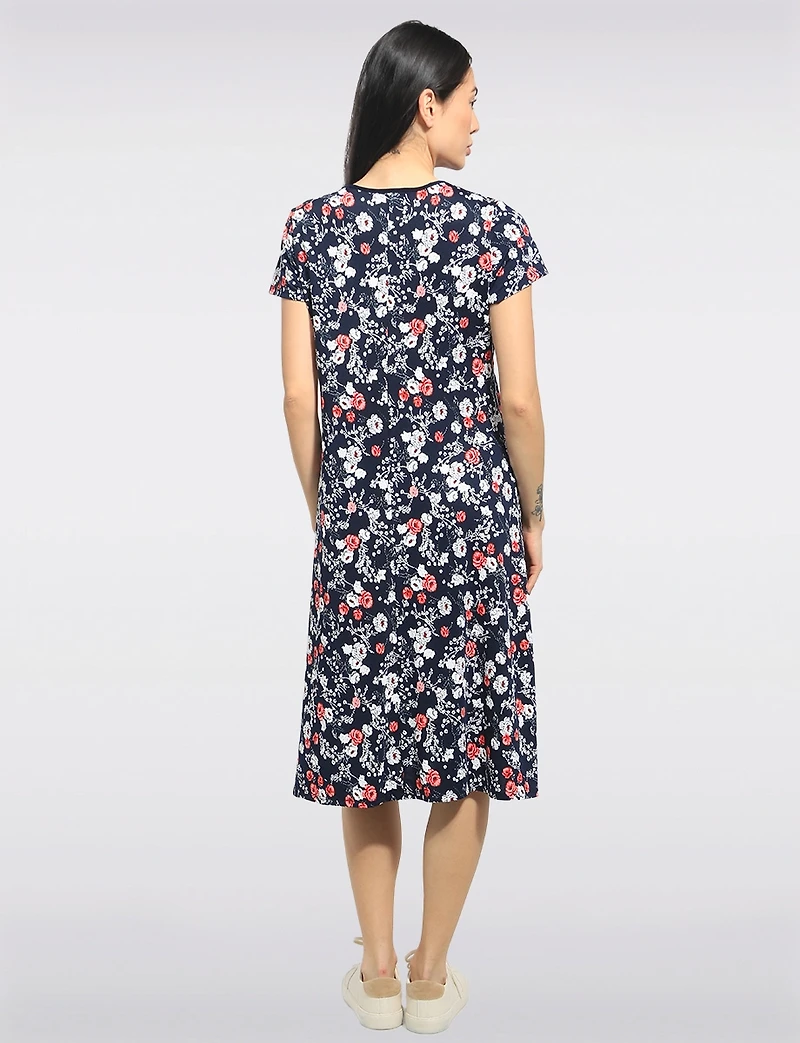 A-line Short Sleeve Floral Print Mid-length Stretchy Round Neck Dress by Perle