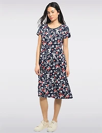 A-line Short Sleeve Floral Print Mid-length Stretchy Round Neck Dress by Perle