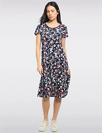 A-line Short Sleeve Floral Print Mid-length Stretchy Round Neck Dress by Perle