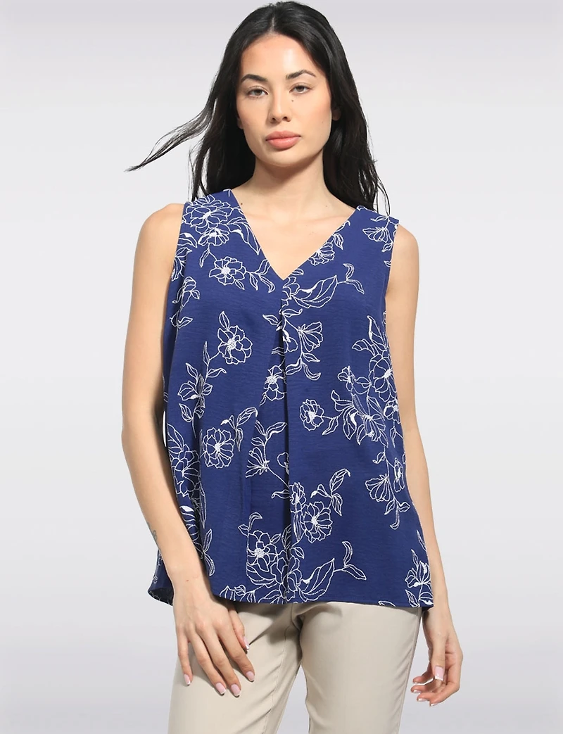 Sleeveless Textured Floral Pattern V-Neck Blouse with Front Pleat by Perle