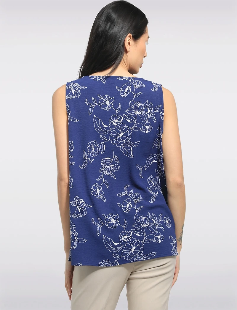 Sleeveless Textured Floral Pattern V-Neck Blouse with Front Pleat by Perle