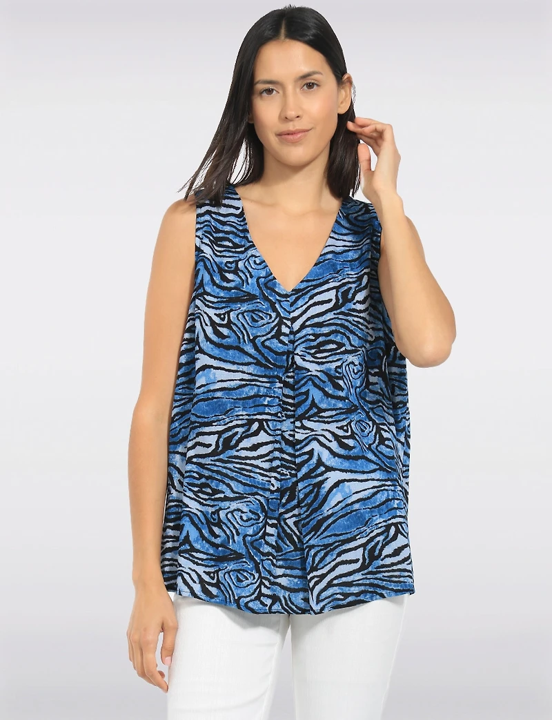 Sleeveless Print V-Neck Stretch Top Tunic with Front Pleat & Side Slits by Perle