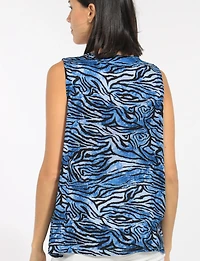 Sleeveless Print V-Neck Stretch Top Tunic with Front Pleat & Side Slits by Perle