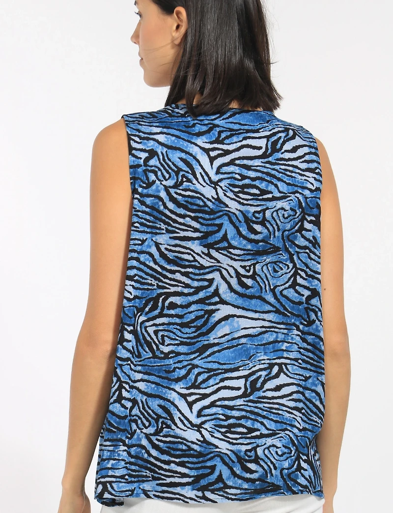 Sleeveless Print V-Neck Stretch Top Tunic with Front Pleat & Side Slits by Perle