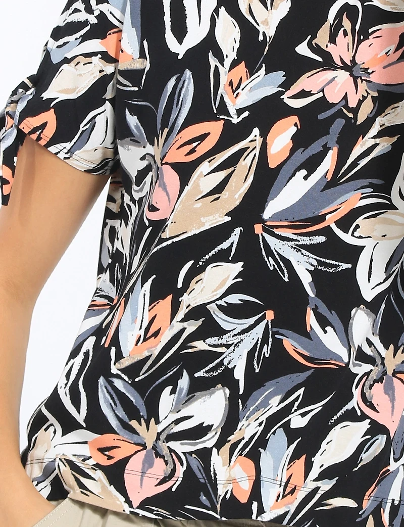 Short Sleeve Cold Shoulder Tie Stretch Knit Floral Top by Perle