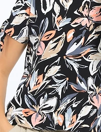 Short Sleeve Cold Shoulder Tie Stretch Knit Floral Top by Perle