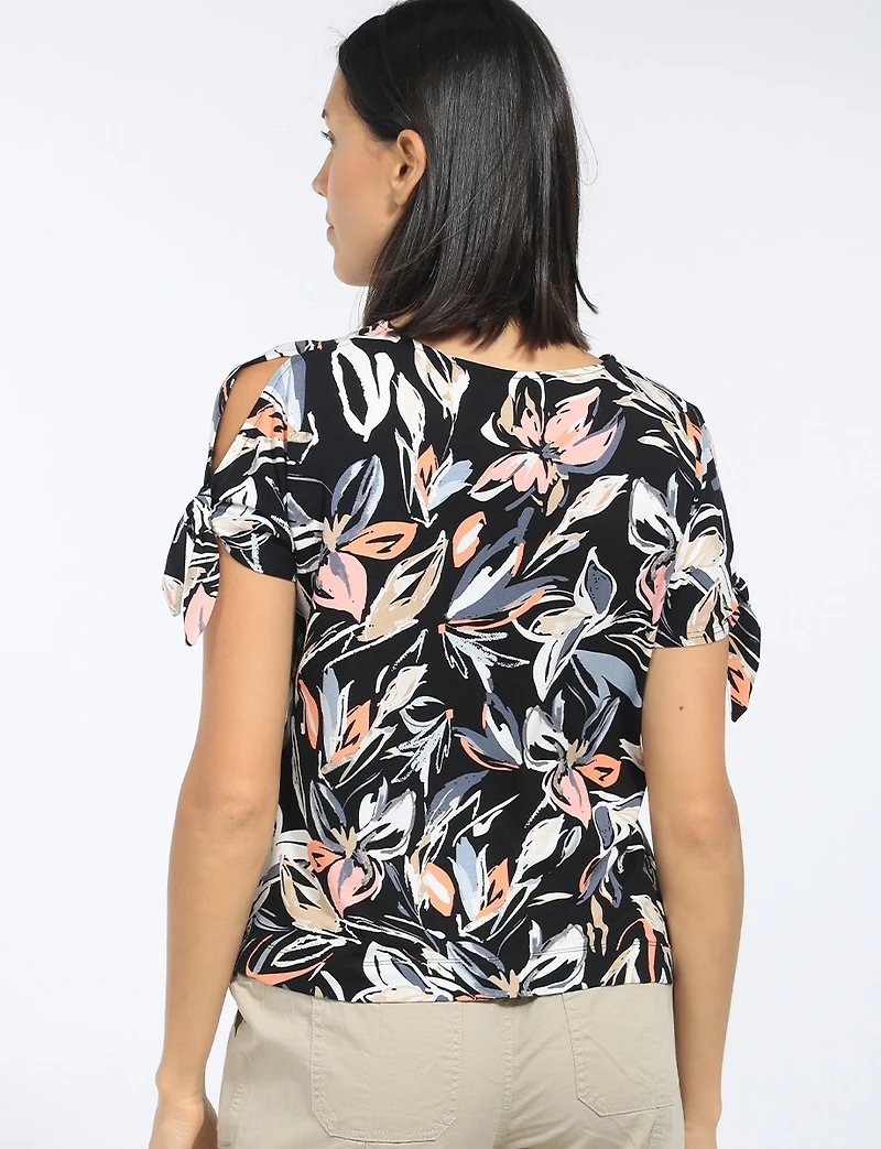 Short Sleeve Cold Shoulder Tie Stretch Knit Floral Top by Perle