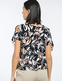 Short Sleeve Cold Shoulder Tie Stretch Knit Floral Top by Perle