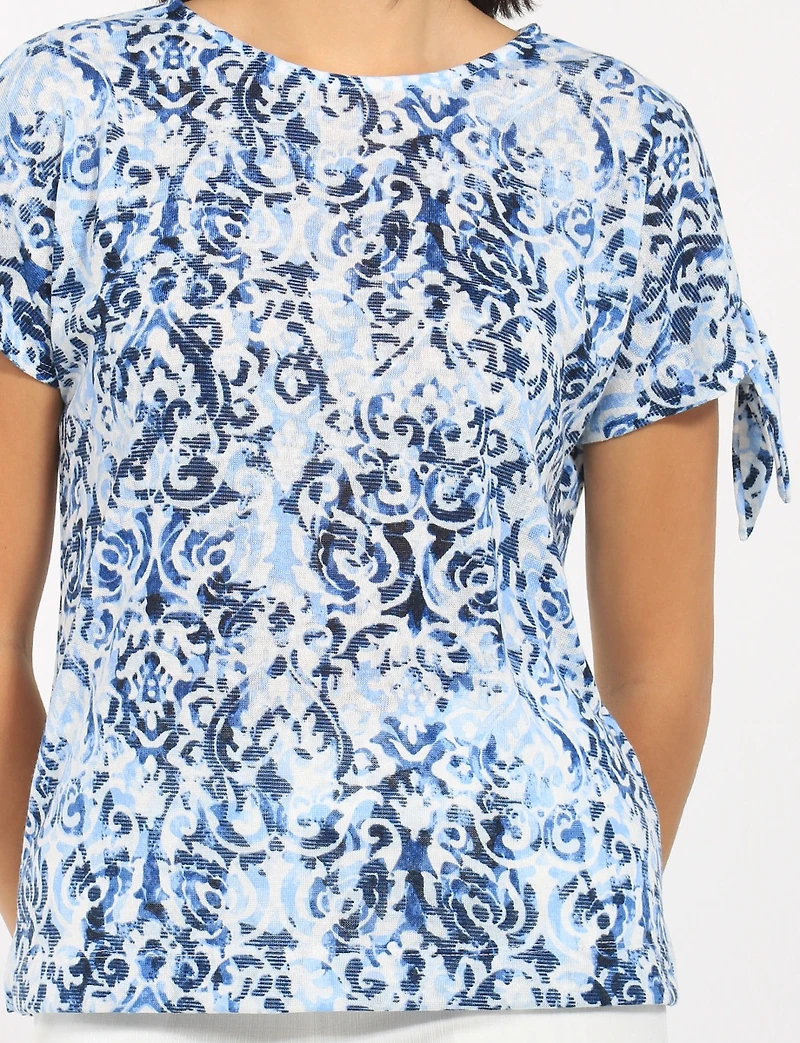Cold Shoulder Short Sleeve Scoop Neck Stretch Printed Knit Top by Perle