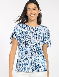 Cold Shoulder Short Sleeve Scoop Neck Stretch Printed Knit Top by Perle