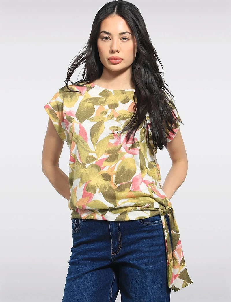 Tropical Foliage Print Side Tie Asymmetric Hem Cap Sleeve Top by Perle