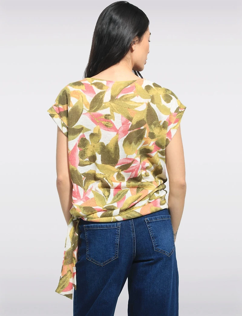 Tropical Foliage Print Side Tie Asymmetric Hem Cap Sleeve Top by Perle