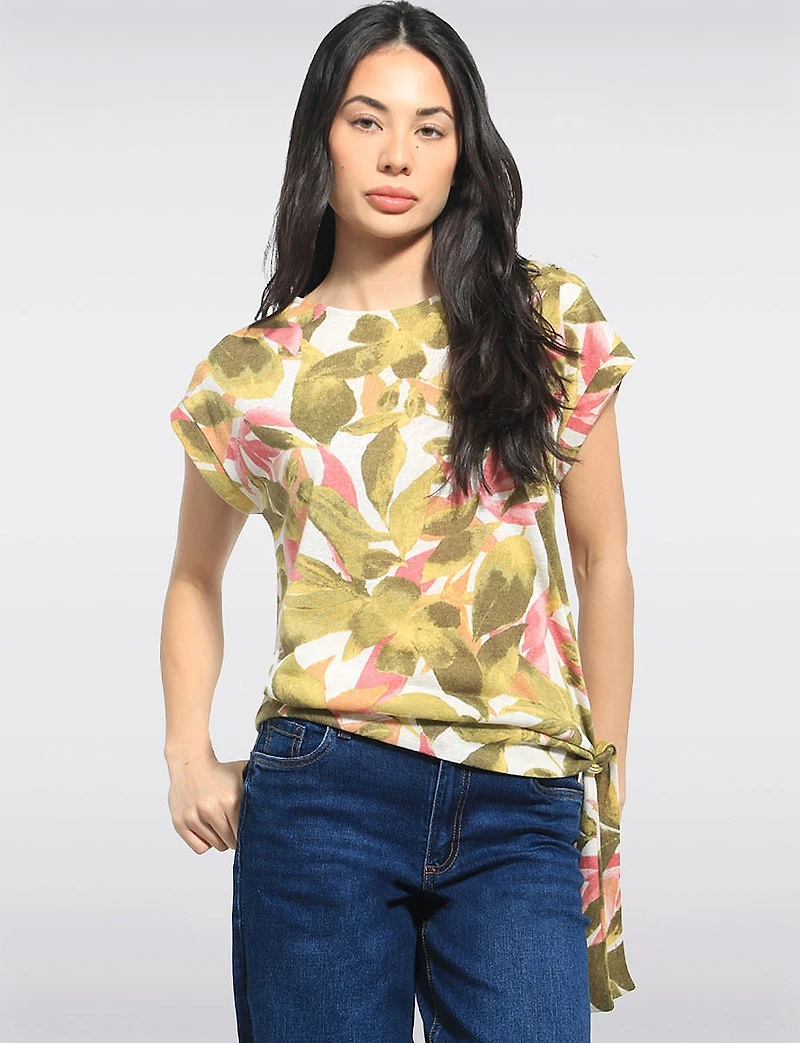 Tropical Foliage Print Side Tie Asymmetric Hem Cap Sleeve Top by Perle