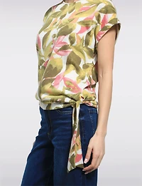 Tropical Foliage Print Side Tie Asymmetric Hem Cap Sleeve Top by Perle