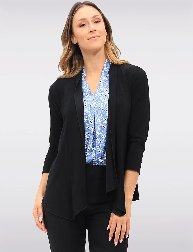Wrinkle-Resistant Black Stretch Open-Front Draped Cardigan Shrug by Perle