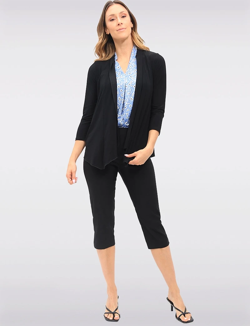 Wrinkle-Resistant Black Stretch Open-Front Draped Cardigan Shrug by Perle