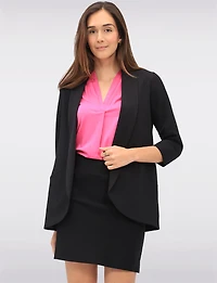 Sleek Stretchy Rounded Hem Blazer With 3/4 Sleeves & Shawl Collar By Perle
