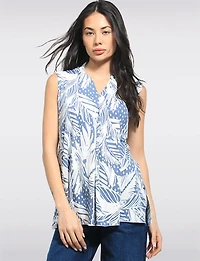 A-line Sleeveless Tropical Leaf Print V-neck Top With Front Pleat by Perle