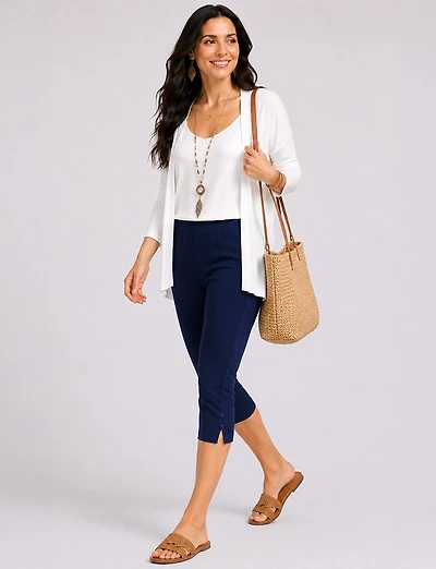 Stretchy Pull-On Capri Leggings with Button Side Slits by Perle