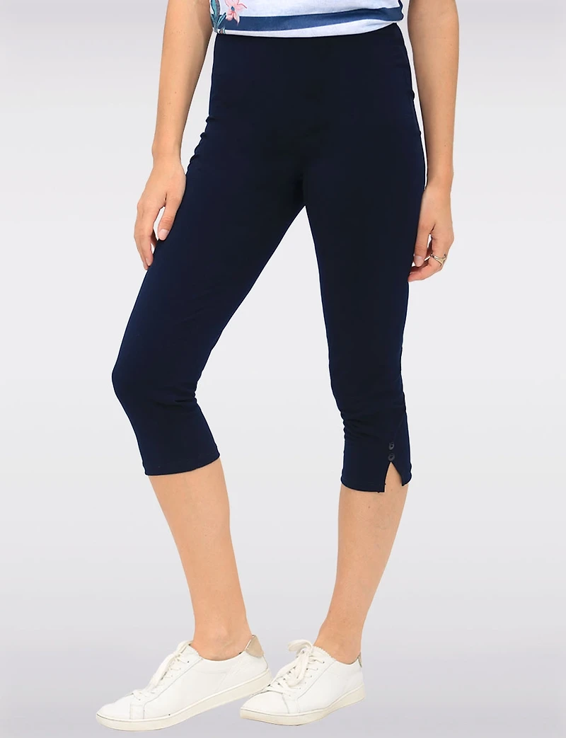 Stretchy Pull-On Capri Leggings with Button Side Slits by Perle