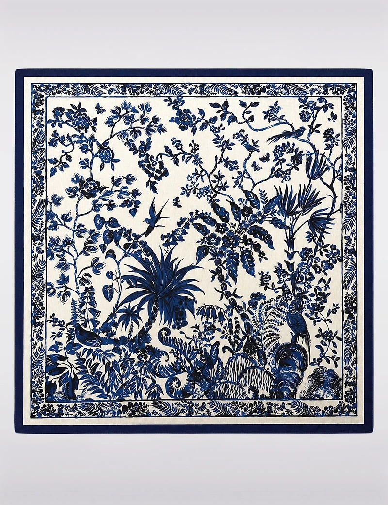 Lightweight Chiffon Square Scarf - Blue Floral Border Print Versatile Wrap