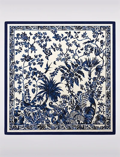 Lightweight Chiffon Square Scarf - Blue Floral Border Print Versatile Wrap
