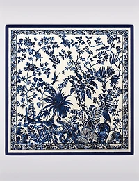 Lightweight Chiffon Square Scarf - Blue Floral Border Print Versatile Wrap